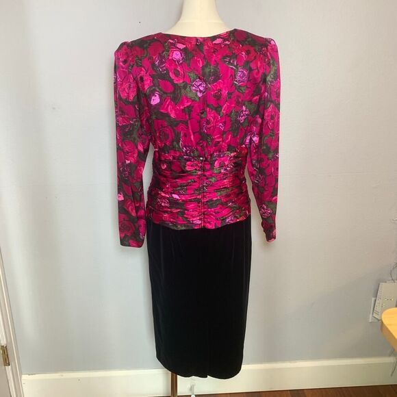 Silk Studios 80s Floral Velvet Dress Long Sleeve Ruched Midi Black Pink Size 10 - Picture 6 of 11